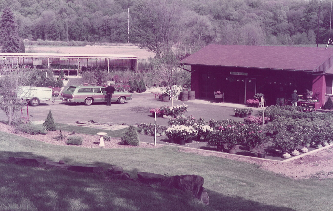 Old photo of Van Wilgens parking lot with a customer talking to someone who's parked.